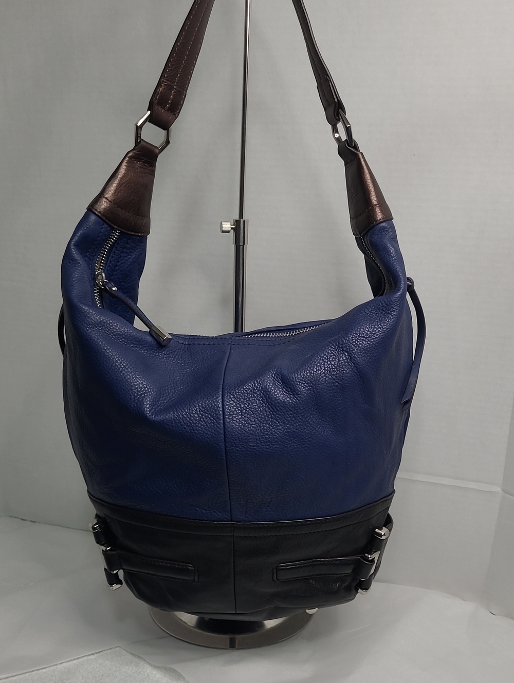 b. makowsky Blue and Black Leather Hobo Bag with Brown Handles